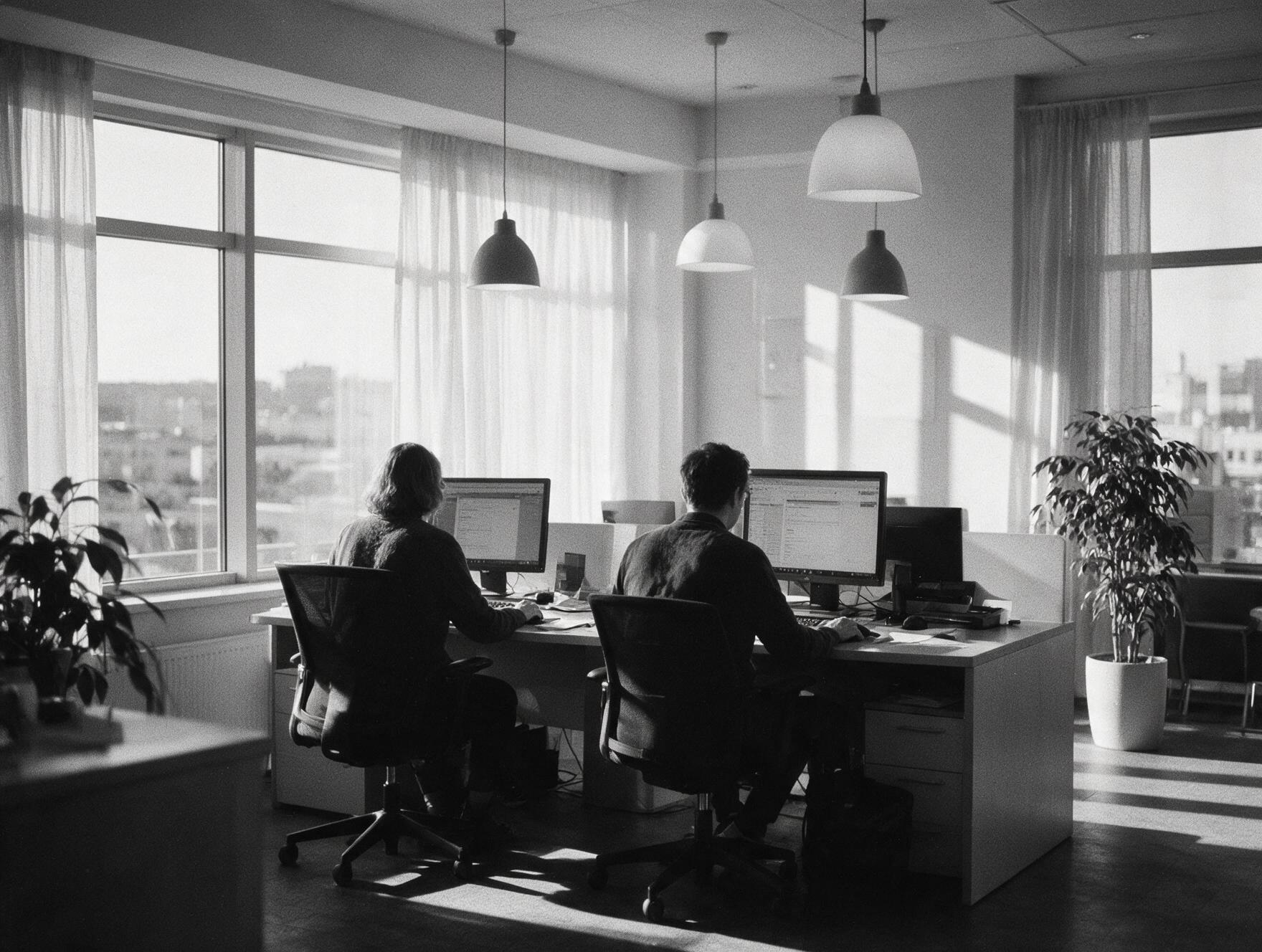 Two colleagues working at desks in a travel agency office
